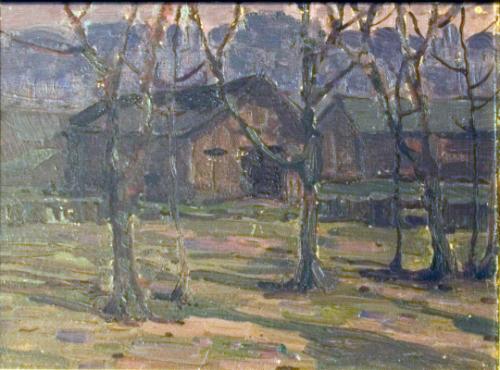Untitled (farm buildings at evening)