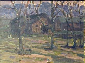 Untitled (farm buildings at evening)