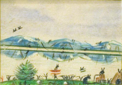 Untitled (landscape with blue hills and Indians)