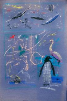 Untitled (pelican with penguin, fish, birds)
