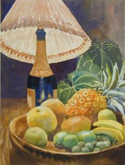 Untitled (still life with bottle-lamp and fruit)
