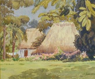 Untitled (thatched roofed houses and pink flowers)