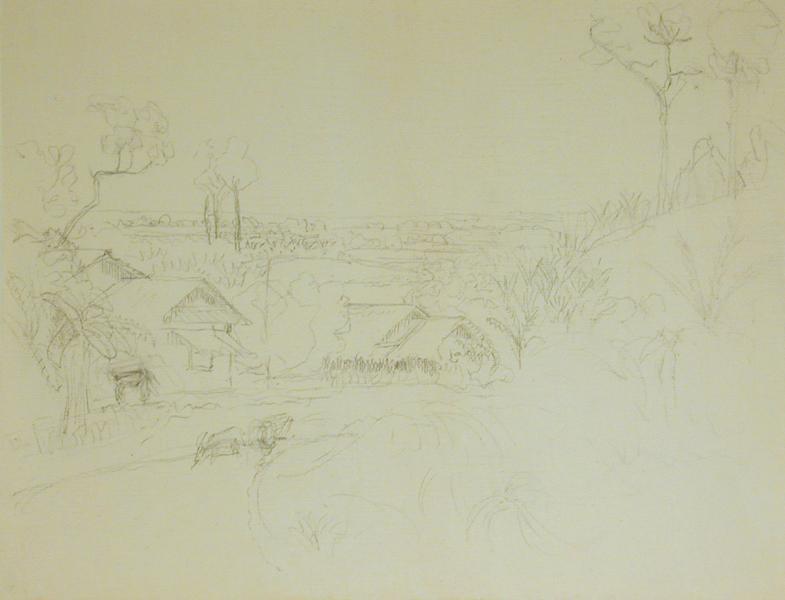 Untitled (landscape with houses, road and trees)