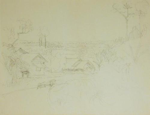 Untitled (landscape with houses, road and trees)