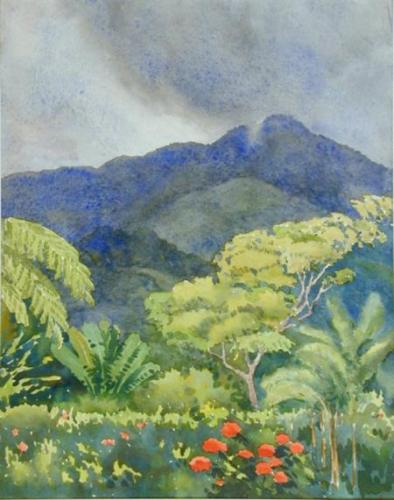 Untitled (mountain with trees and red flowers)