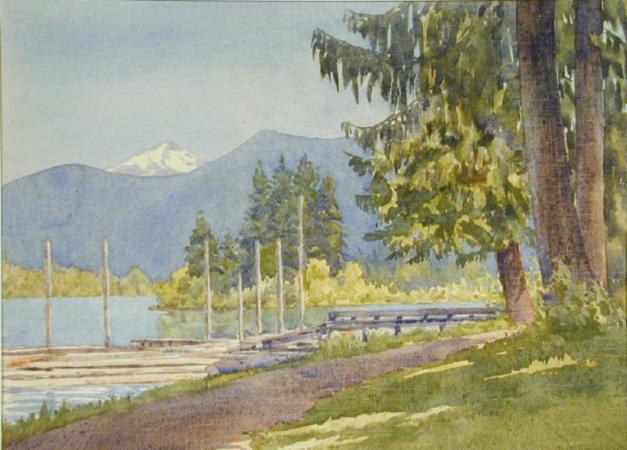 Untitled (lakeshore with mountains and wharf)