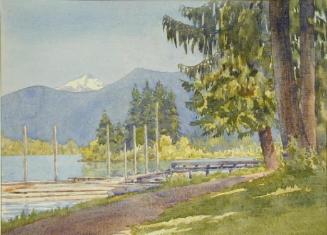 Untitled (lakeshore with mountains and wharf)