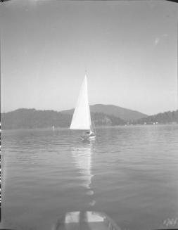 Untitled (stern of sailboat on lake)