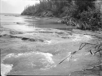 Untitled (tree-lined shore, rushing water)