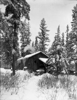 Untitled (log cabin in winter)