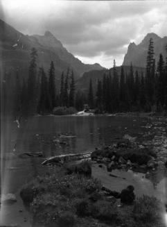 Untitled (lake shore with distant cabin)