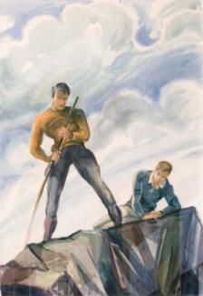 Untitled (two male figures looking over rock)