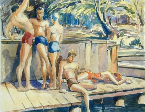 Untitled (five bathers at dock)