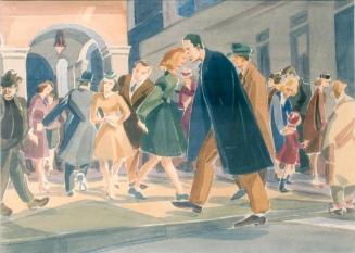 Untitled (city street scene, man in blue overcoat)