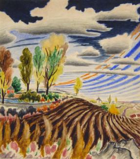 Untitled (dark landscape with ploughed fields)