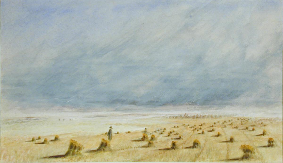 Untitled (prairie scene, grain stooks and man)