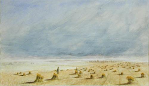 Untitled (prairie scene, grain stooks and man)