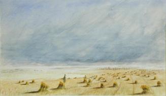 Untitled (prairie scene, grain stooks and man)