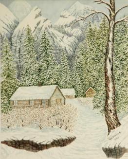 Untitled (mountain cabins in winter)