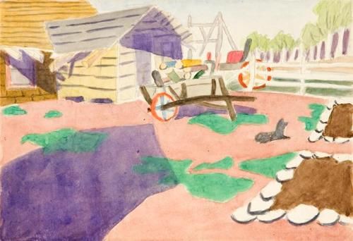 Untitled (wheelbarrow in yard)