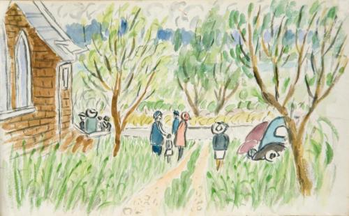 Untitled (figures in churchyard)