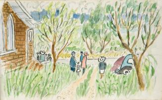 Untitled (figures in churchyard)