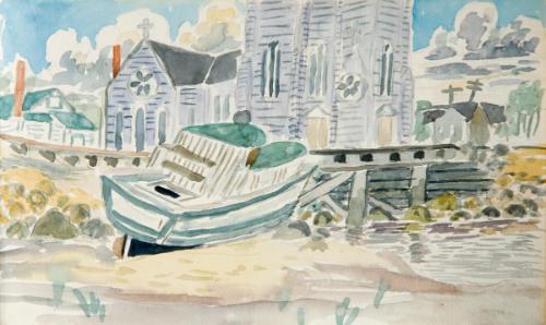 Untitled (beached boat and church)