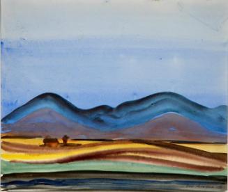 Untitled (blue hills and small building)