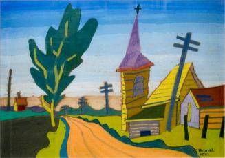 Untitled (orange road, yellow/purple houses)