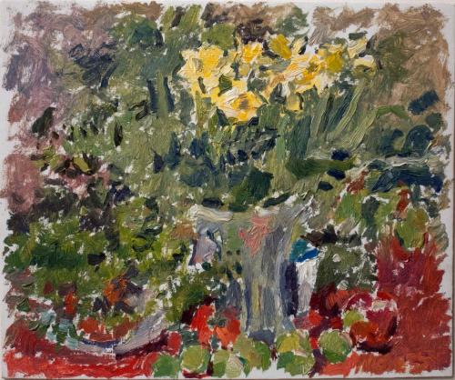 Untitled (still life with vase and yellow flowers)