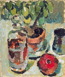 Untitled (Still Life- Apple, Plant, Bottle, Vase)