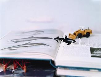 Untitled (whale with tractors, astronaut and books)