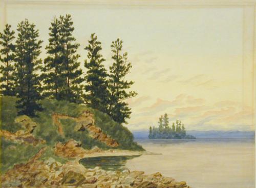 Untitled (lake scene with rocky shore)