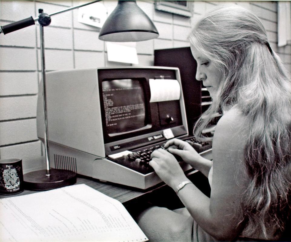 Western Development Museum, Myrna Brown Checking WDM Inventory, 1981