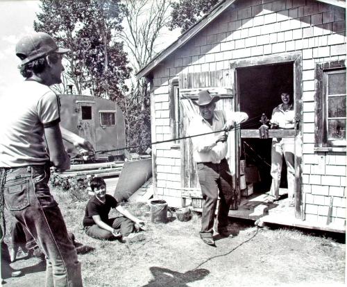 Wood Mountain Rodeo Ranch Museum, Andrew Caragota and his Grandson Rick demonstrate rope making on the museum grounds, 1981