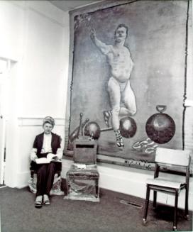 Brita Perdue with canvas hanging, Watson and district Heritage Museum, Watson, 1981