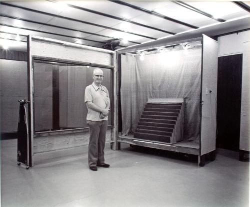 Rosetown Museum and Arts Centre. Frank Glass with one of the multi-purpose display units he's built, 1981
