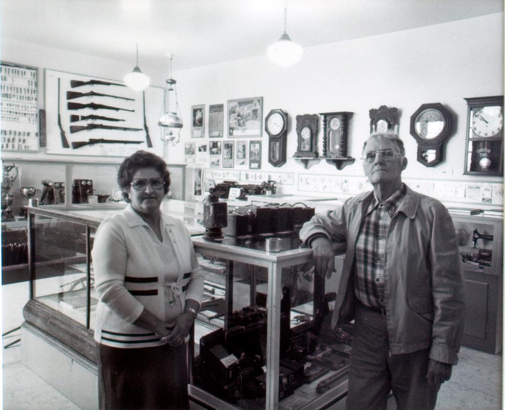 Winnie Taylor and Jerrold Armstrong in the main display room, 1981