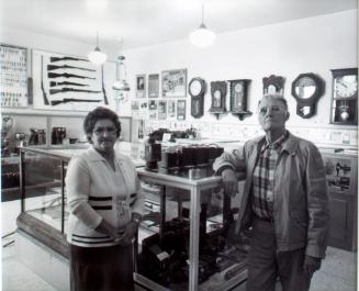 Winnie Taylor and Jerrold Armstrong in the main display room, 1981