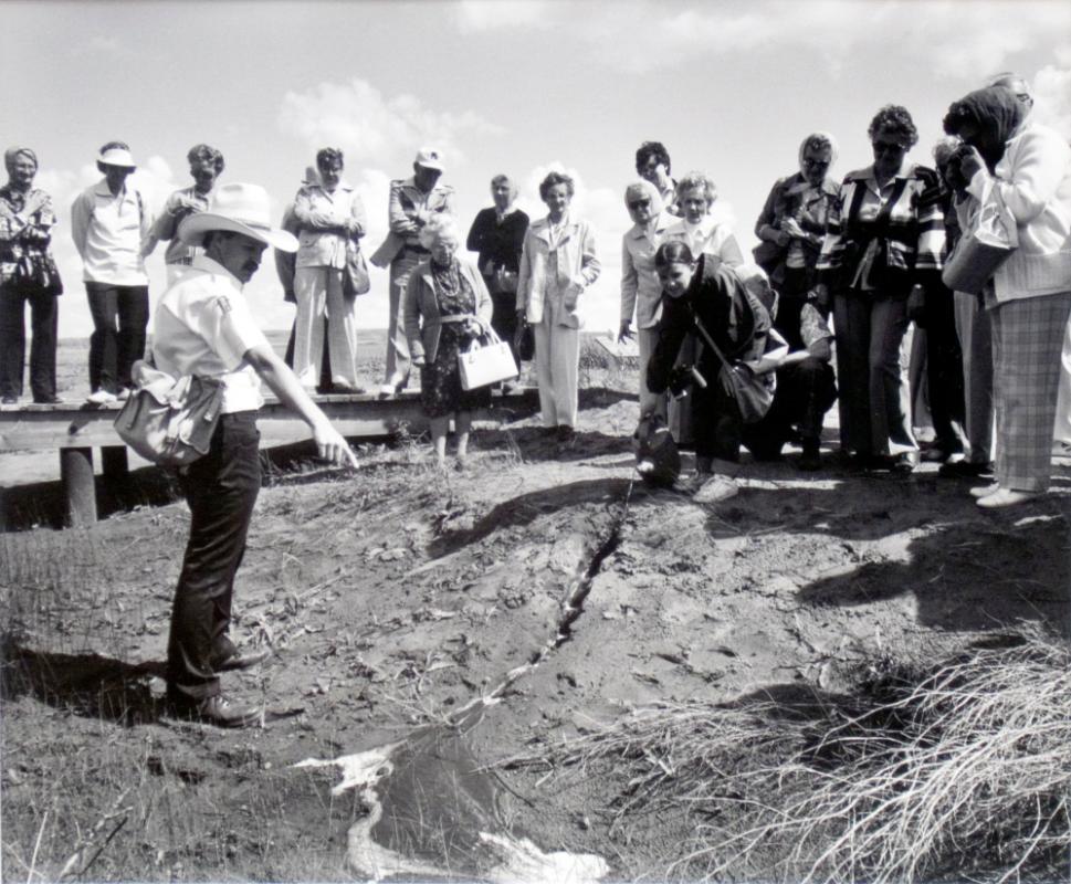 Prairie Wildlife Interpretation Centre, Interpretation Officer Sandy Bain Explains the mechanics of erosion, 1981