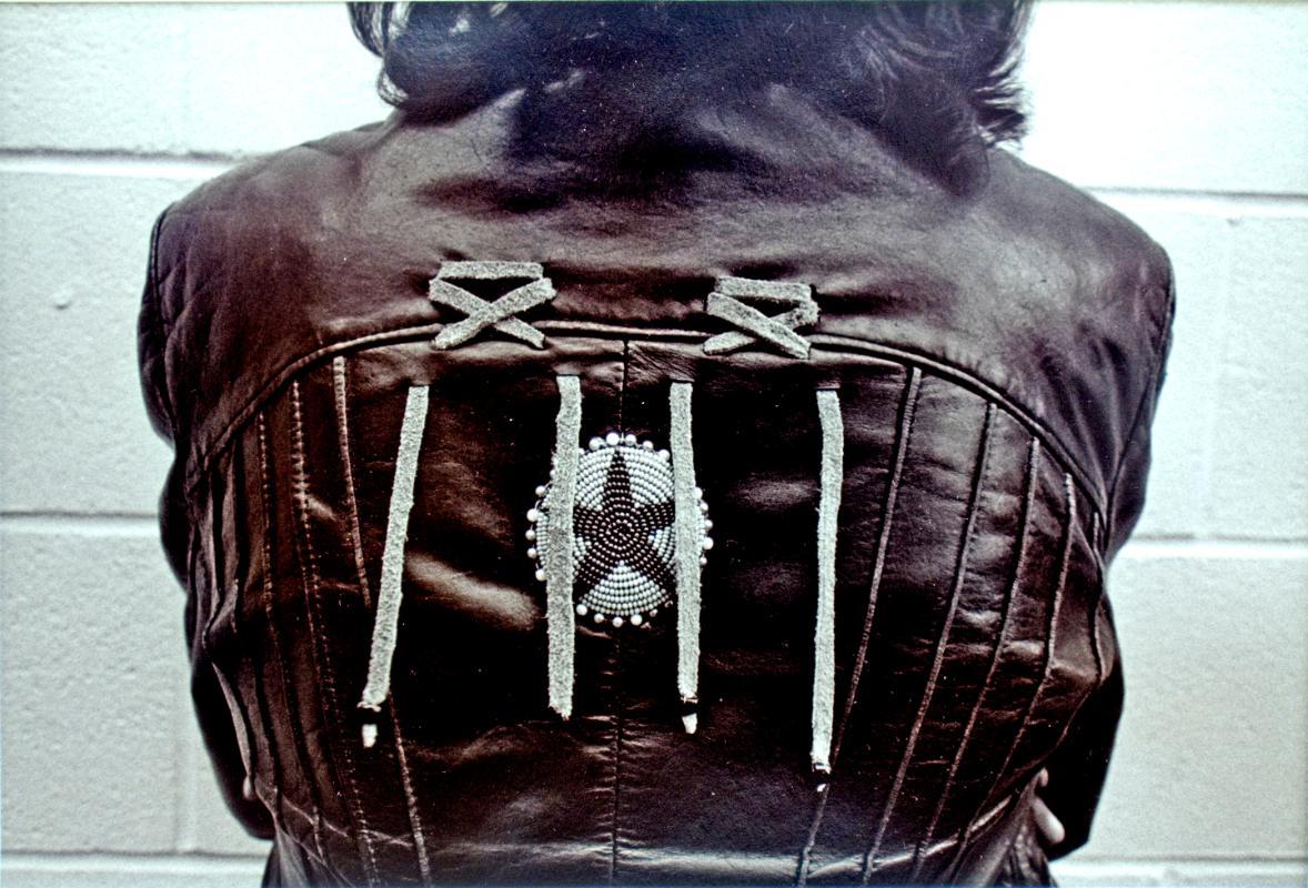 Leather jacket with beadwork