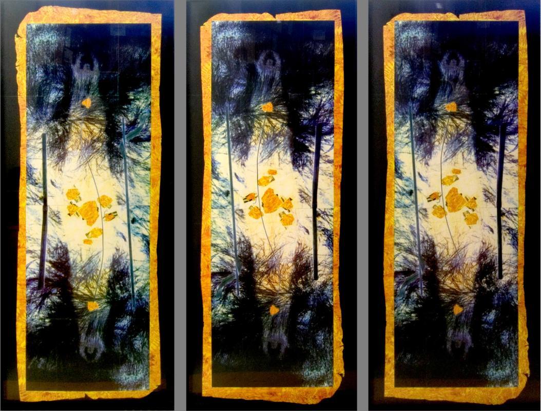 untitled (Three Mirrored Figures with Arms Upraised; Gold Central Enerdy and Gold Frames)
