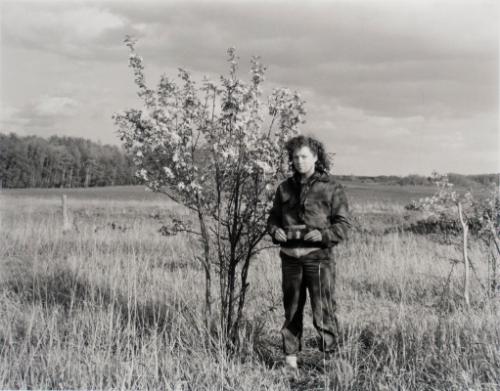 Self Portrait with a snapshot of my Mother and Myself beside a blossoming apple tree