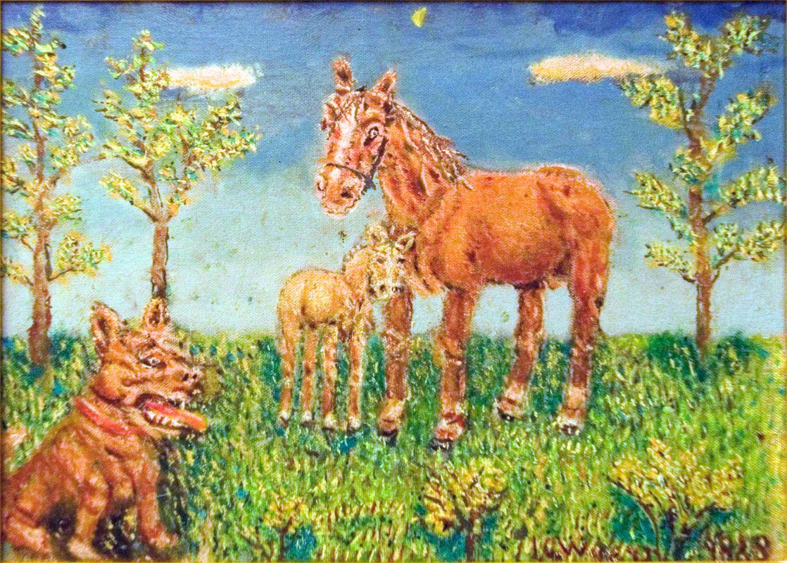 Untitled (horse and colt with dog)